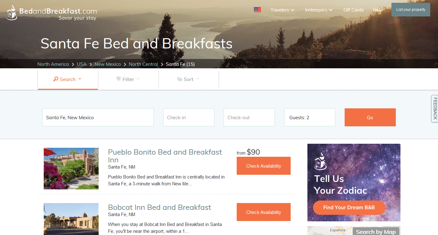 Screenshot of Santa Fe page on bedandbreakfastdotcom