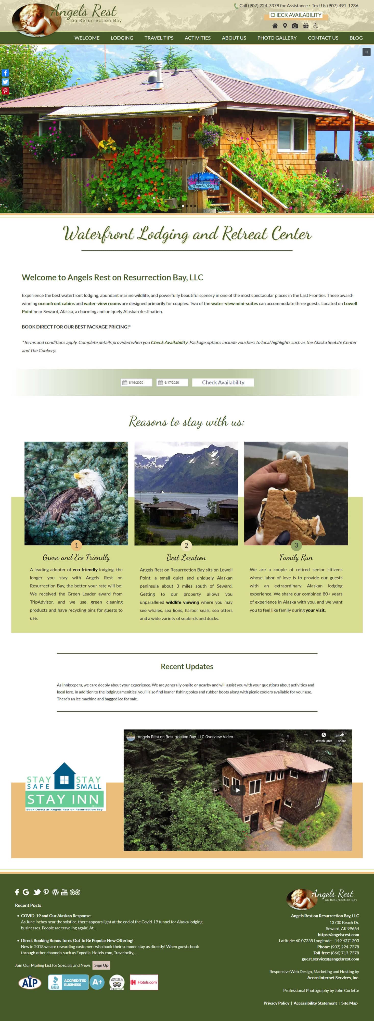 Screenshot of the home page of Angels Rest on Resurrection Bay Waterfront Lodging