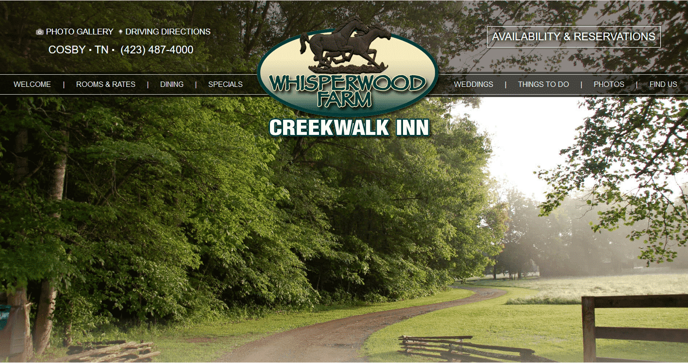 Screenshot of website home page for Creekwalk Inn in Gatlinburg, TN