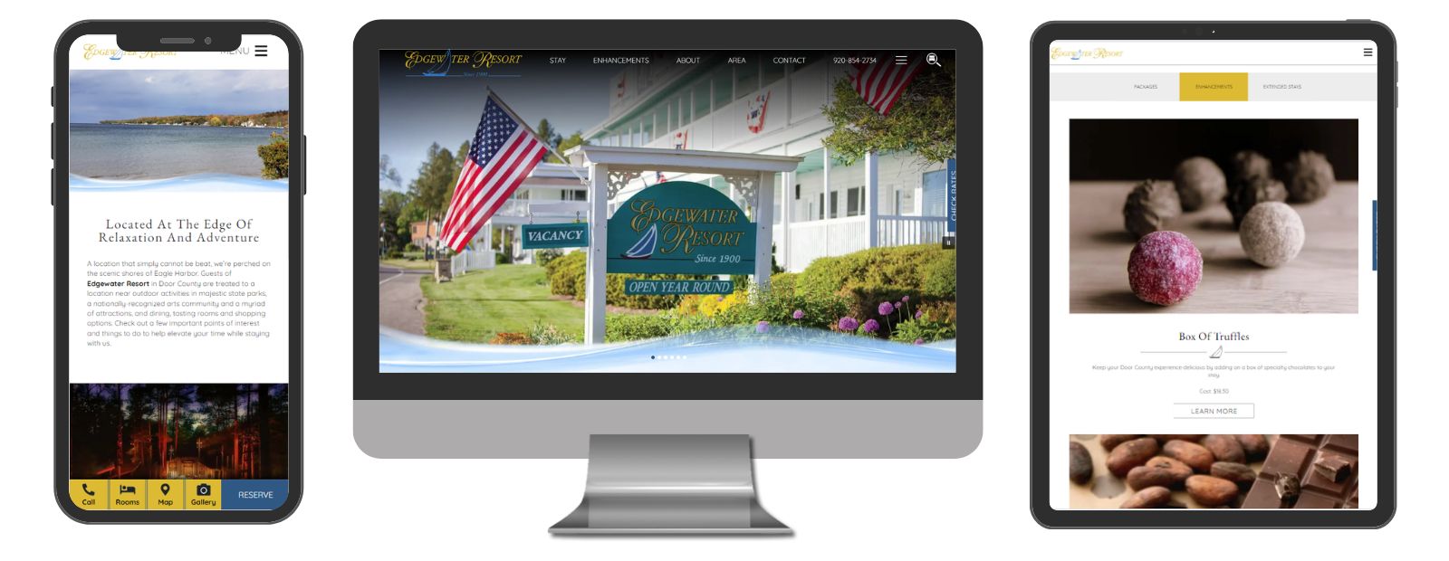 Edgewater Resort website displayed in 3 sizes - mobile, template and desktop