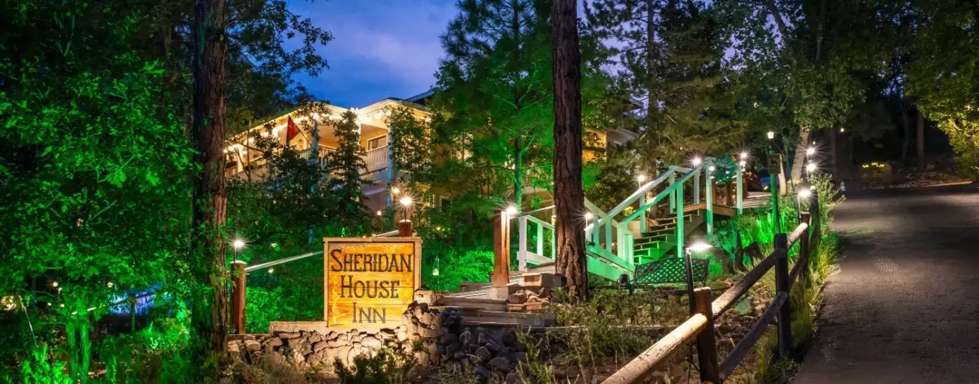 Multi-story house nestled in the pines with lights along stairs leading from parking area.