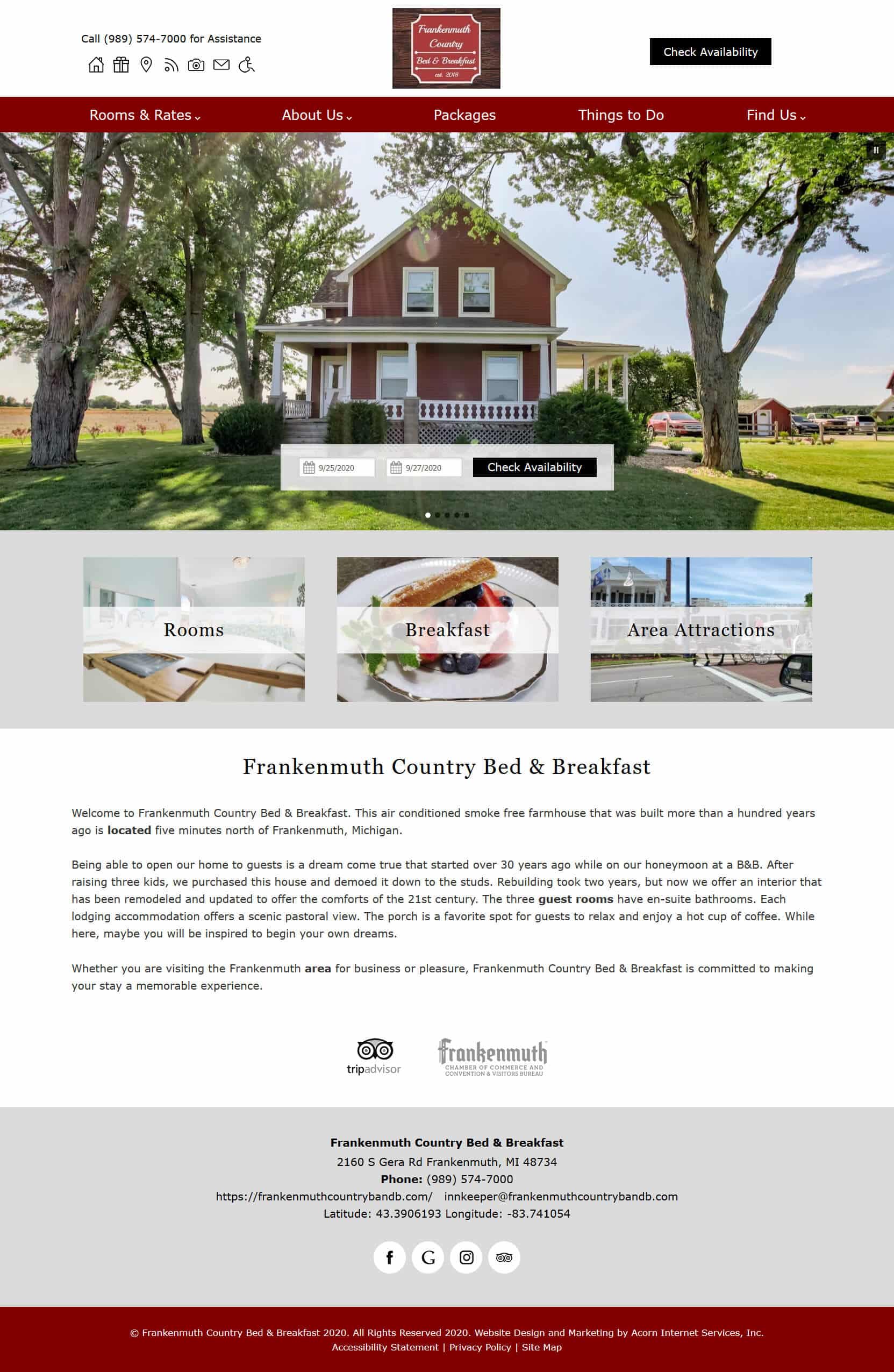 Screencap of new website for Frankenmuth Country Bed Breakfast