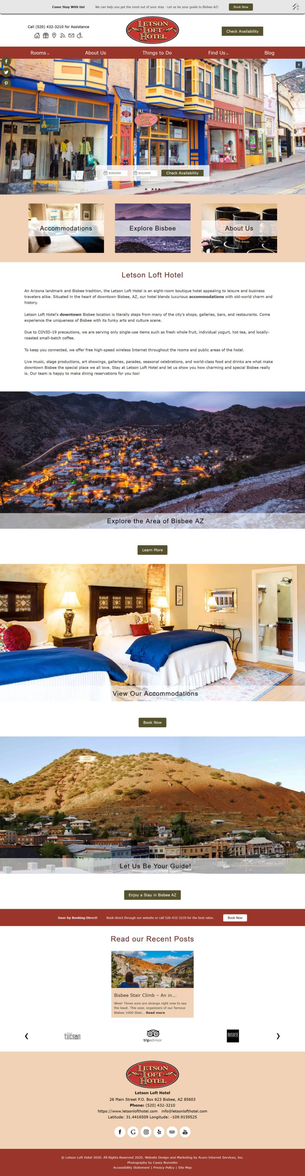 Home page screenshot of new website of Letson Loft Hotel 