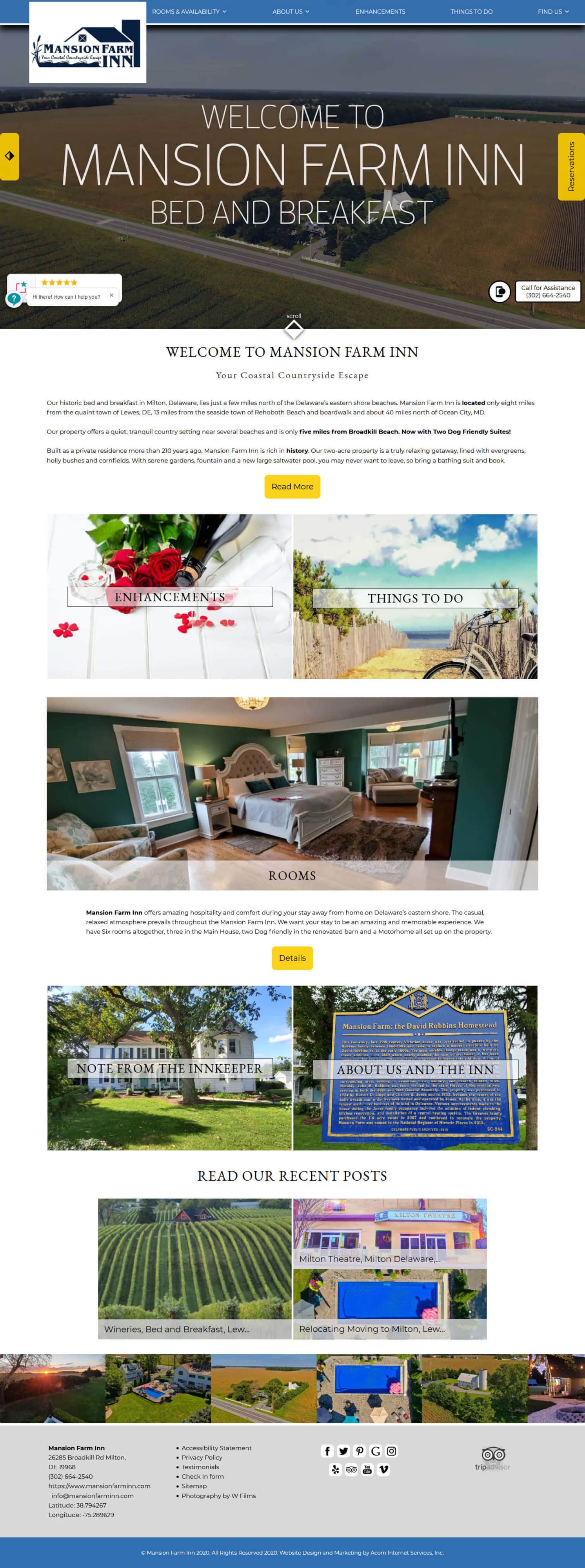 Homepage screenshot of Mansion Farm Inn's new website
