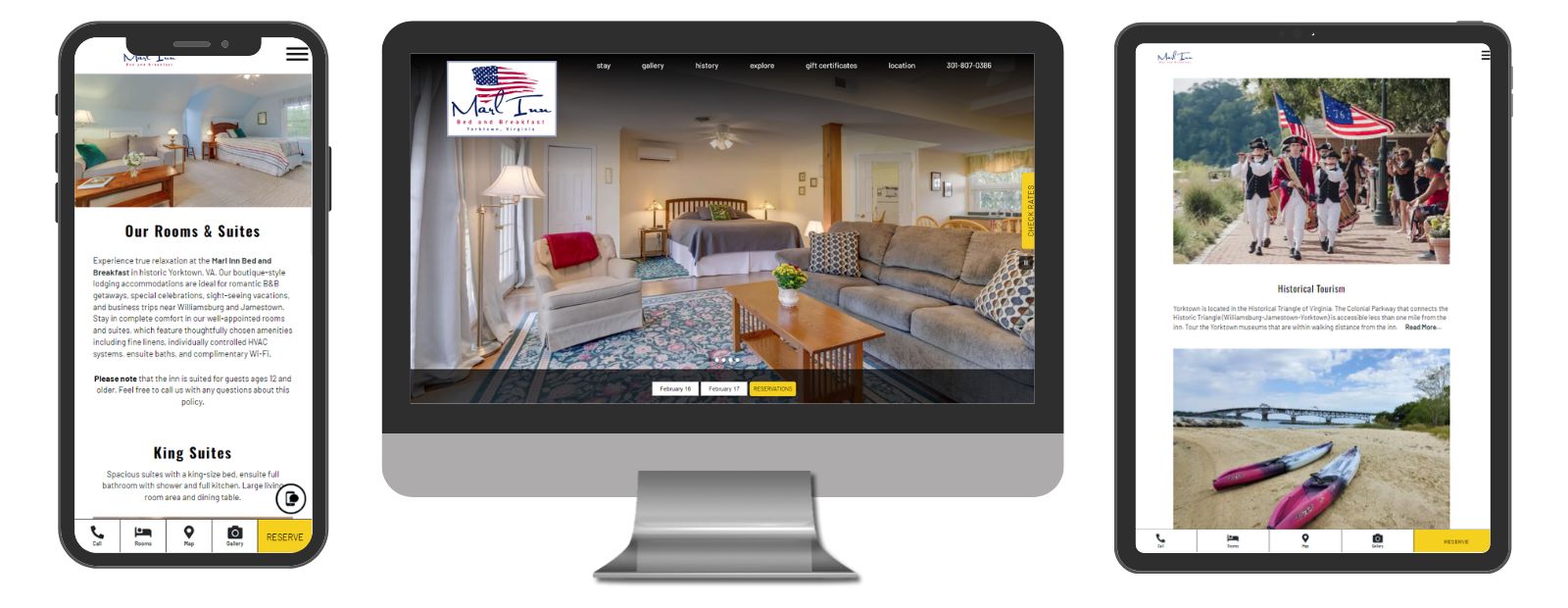 Marl Inn Bed & Breakfast - website displayed in 3 sizes - mobile, template and desktop