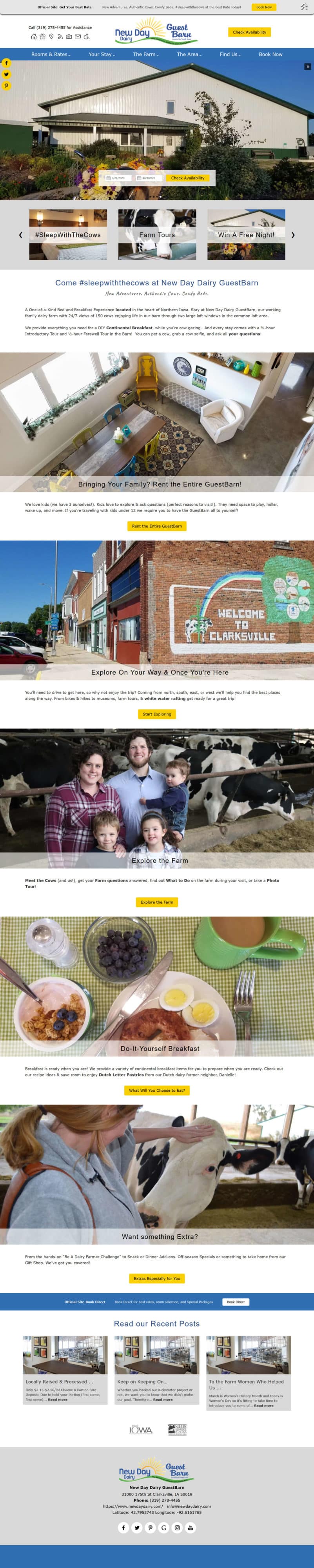 Screenshot of the home page of New Day Dairy Guest Barn