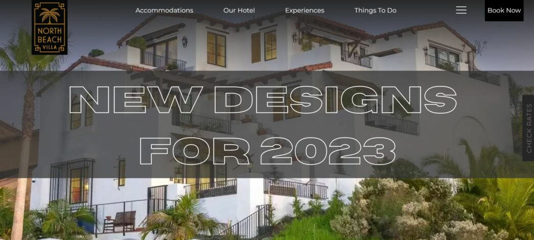 website screenshot with black layered element over the top and text "New Designs for 2023"