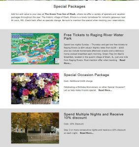 Exaple of a specials and packages page from a B&B website 