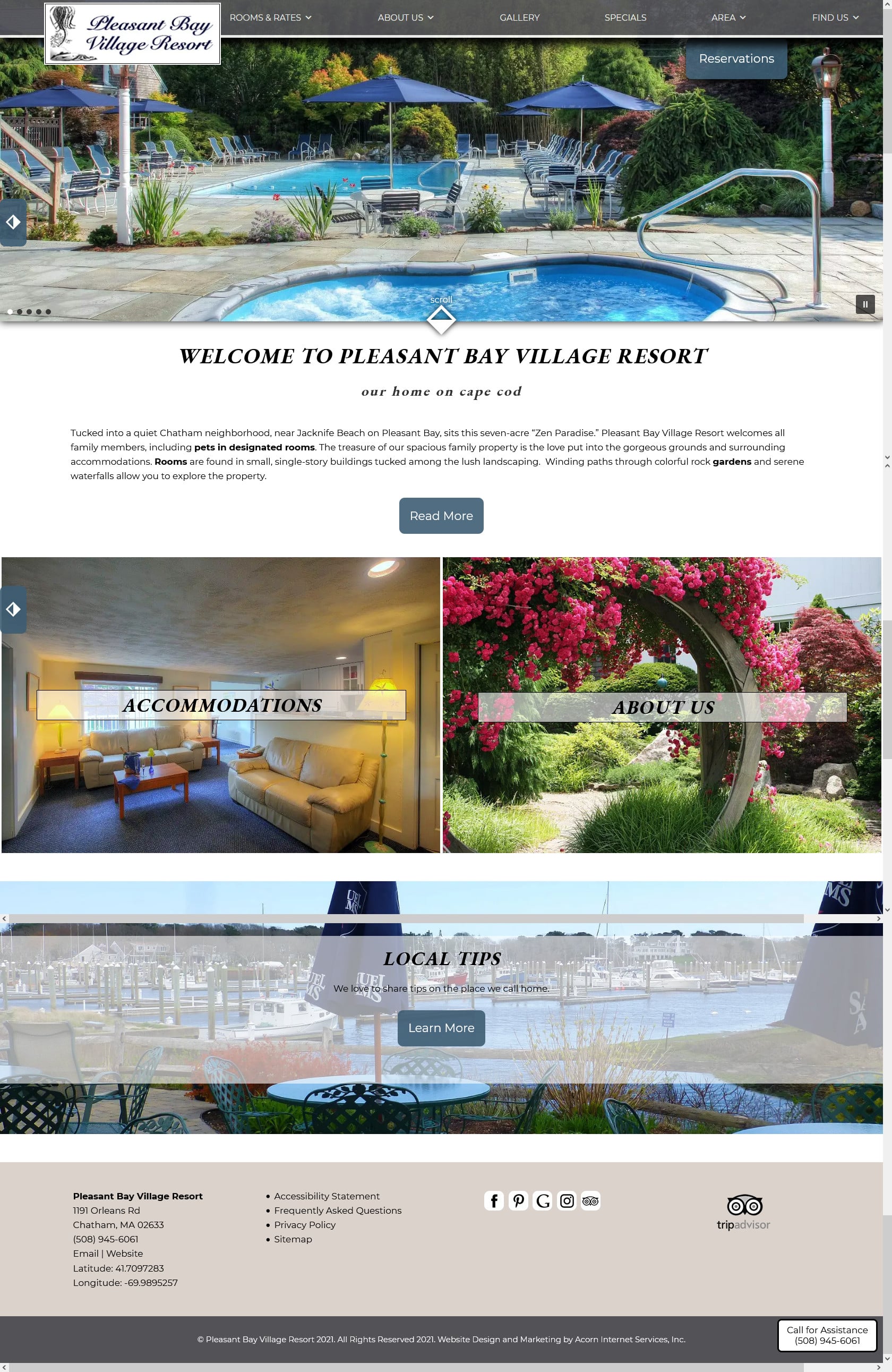 Main home page of Pleasant Bay Village Resort in MA