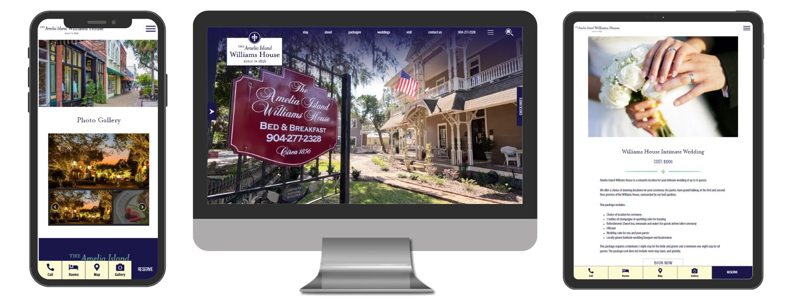 Mobile, template and desktop view of new website for Amelia Island Williams House