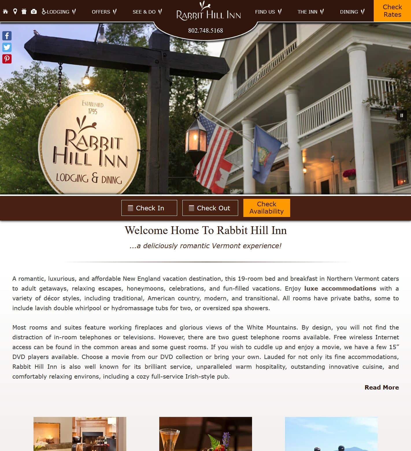 Rabbit Hill Inn website home page screencap