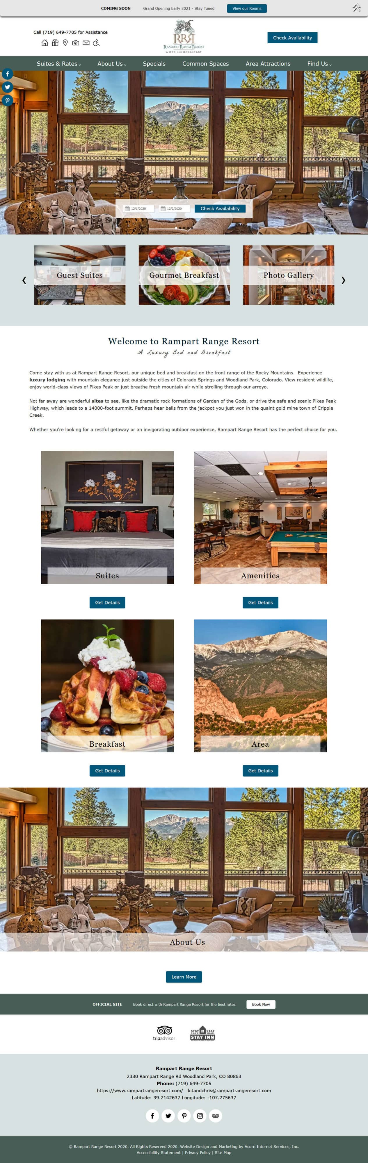 Rampart Range Resort's new home page in a screenshot