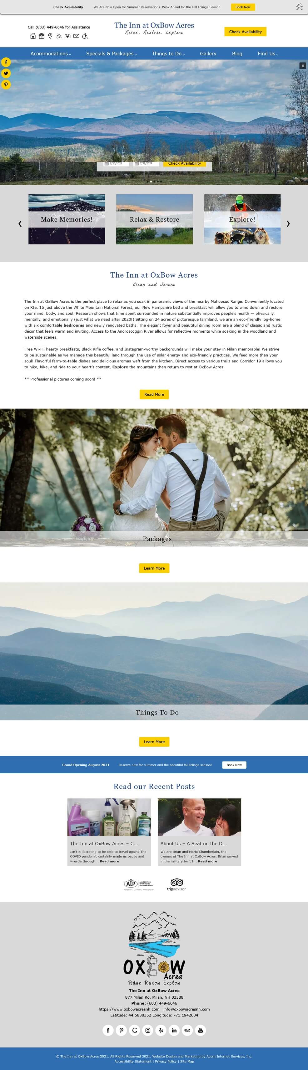 The Inn at Oxbow Acres Home page screenshot