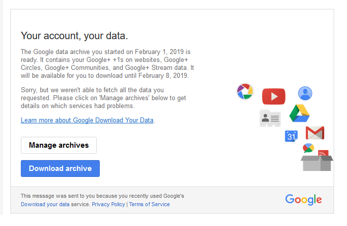 Copy of Goolge + data download email notification