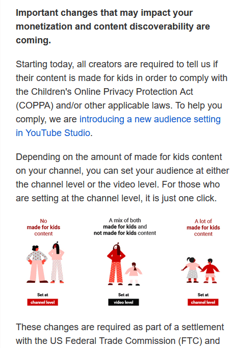screenshot of email to video channel owners warning of new children's settings