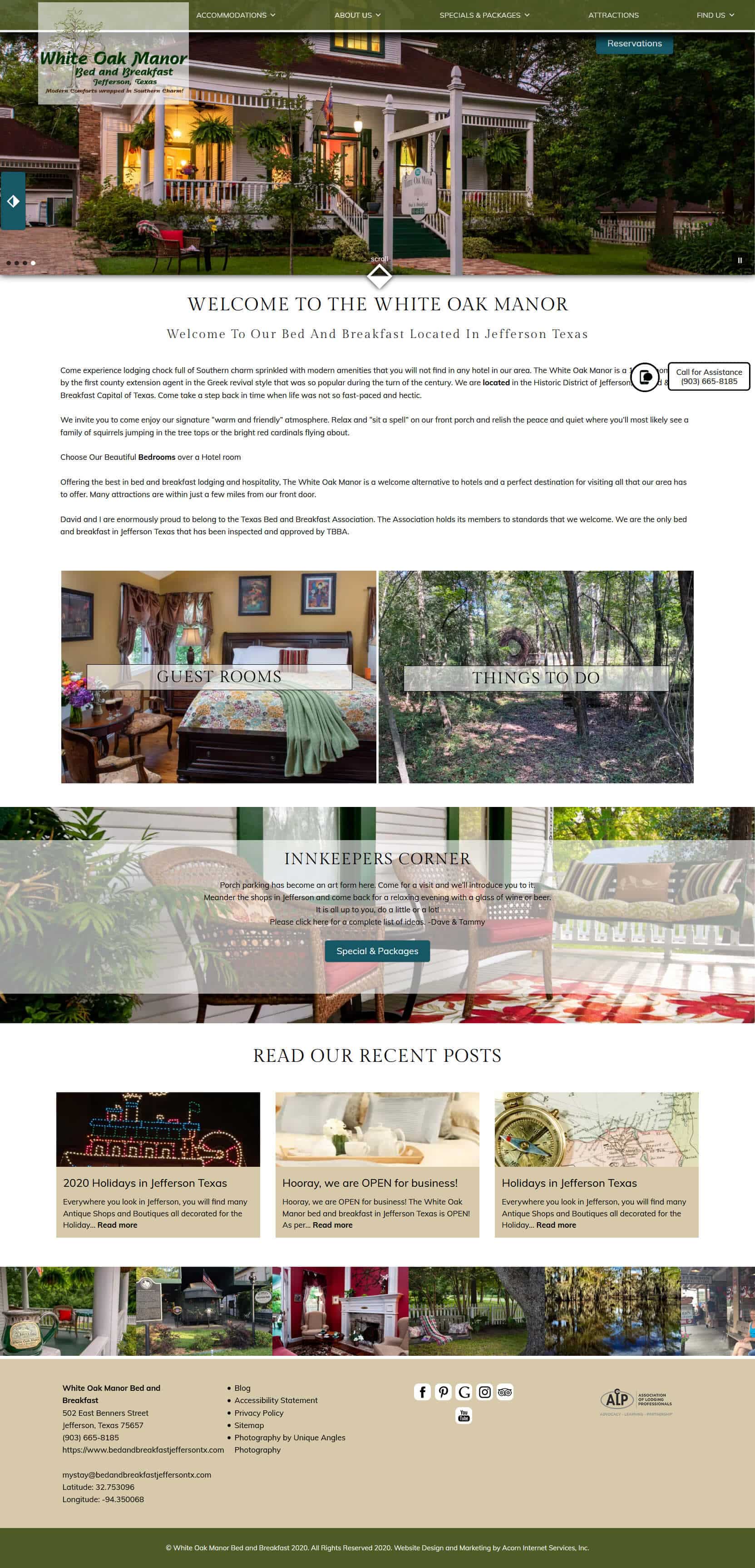 New website home page screencap for White Oak Manor Bed and Breakfast