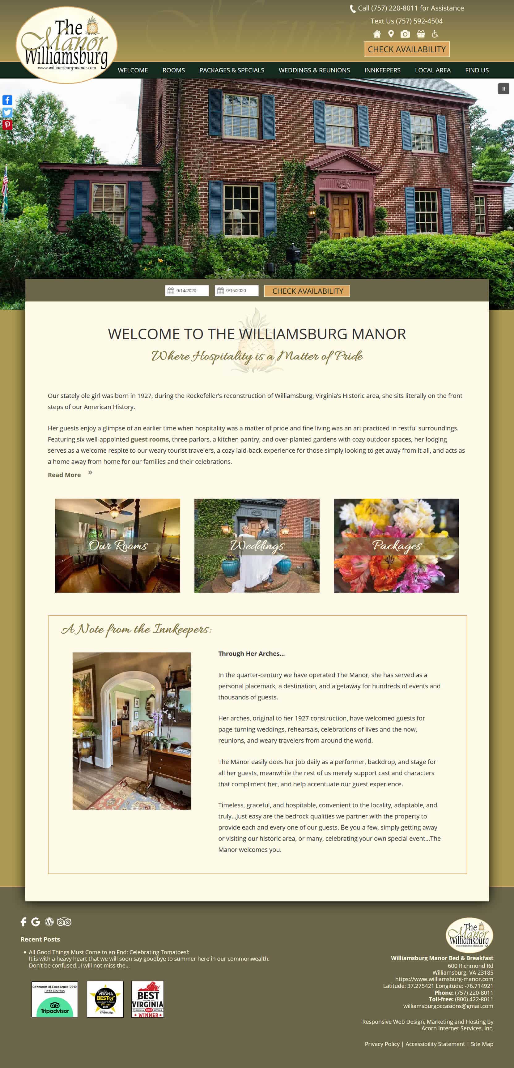 Screenshot of new website for Williamsburg Manor Bed and Breakfast 