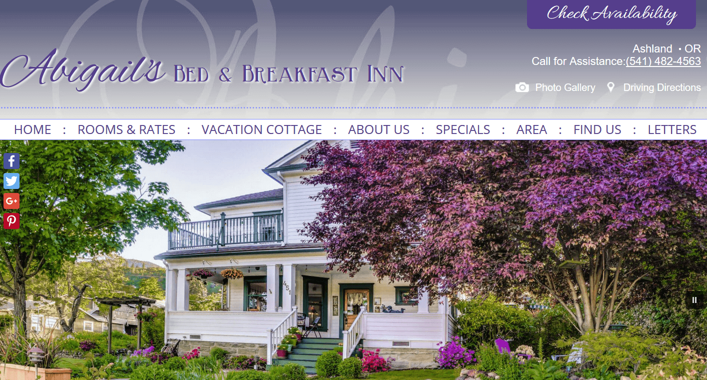 Screencap of Abigail's Bed and Breakfast Inn website 