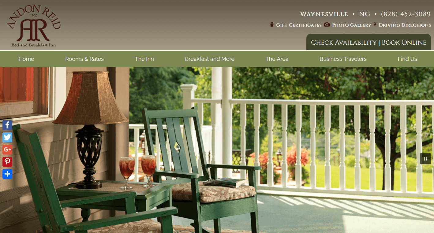 Screenshot of website home page  for Andon Reid Inn in Waynesville, NC 