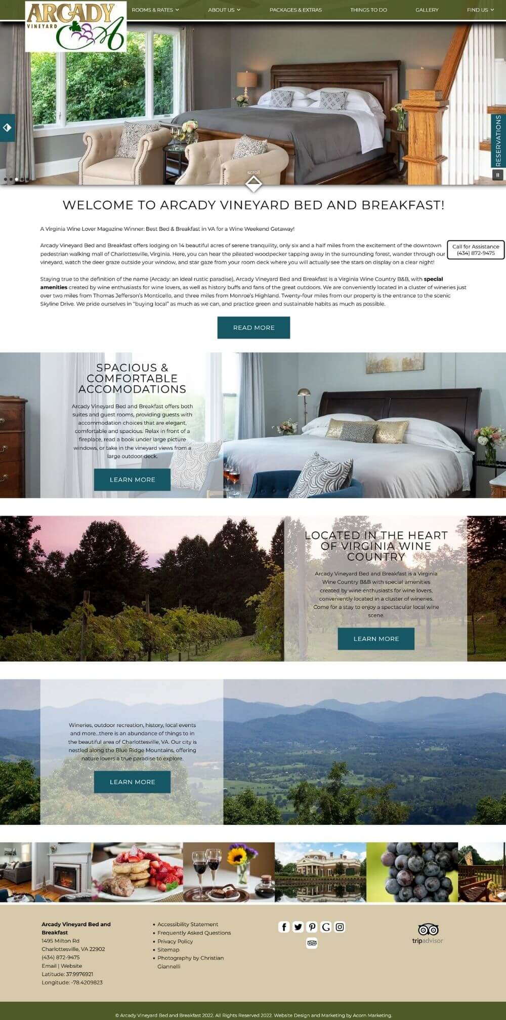 Arcady Vineyard Bed and Breakfast website homepage screenshot