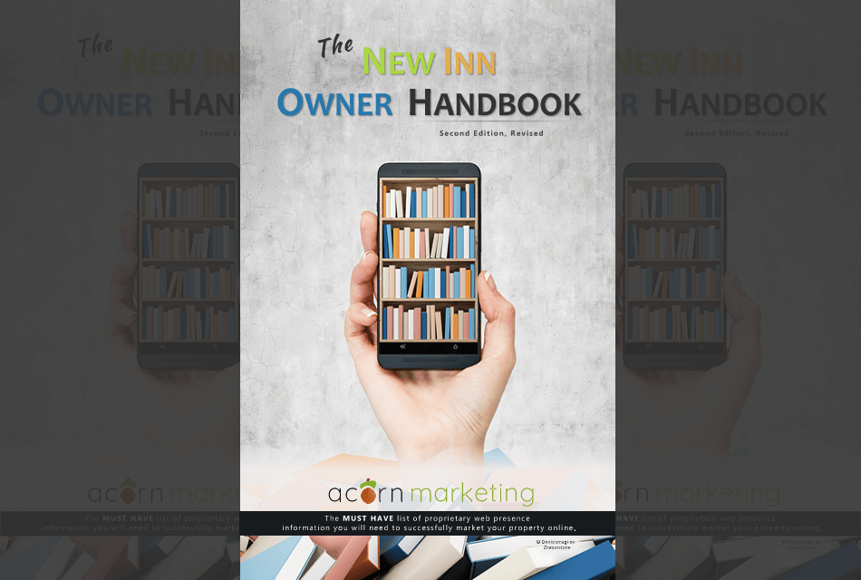 New Inn Owner Handbook Cover, Hand holding cell phone with books displayed