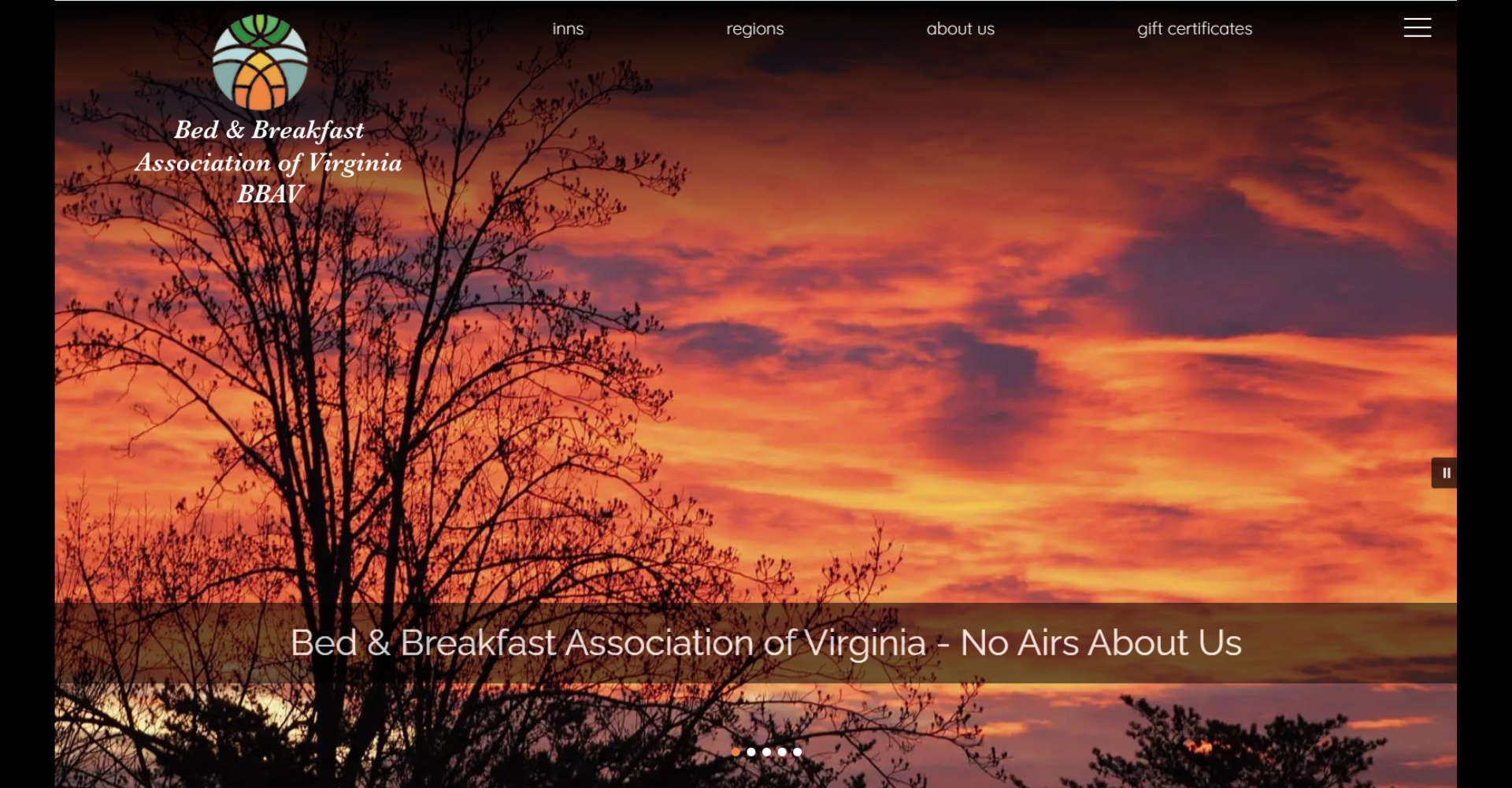 Home page screenshot of the website of the Bed and Breakfast Association of Virginia. 