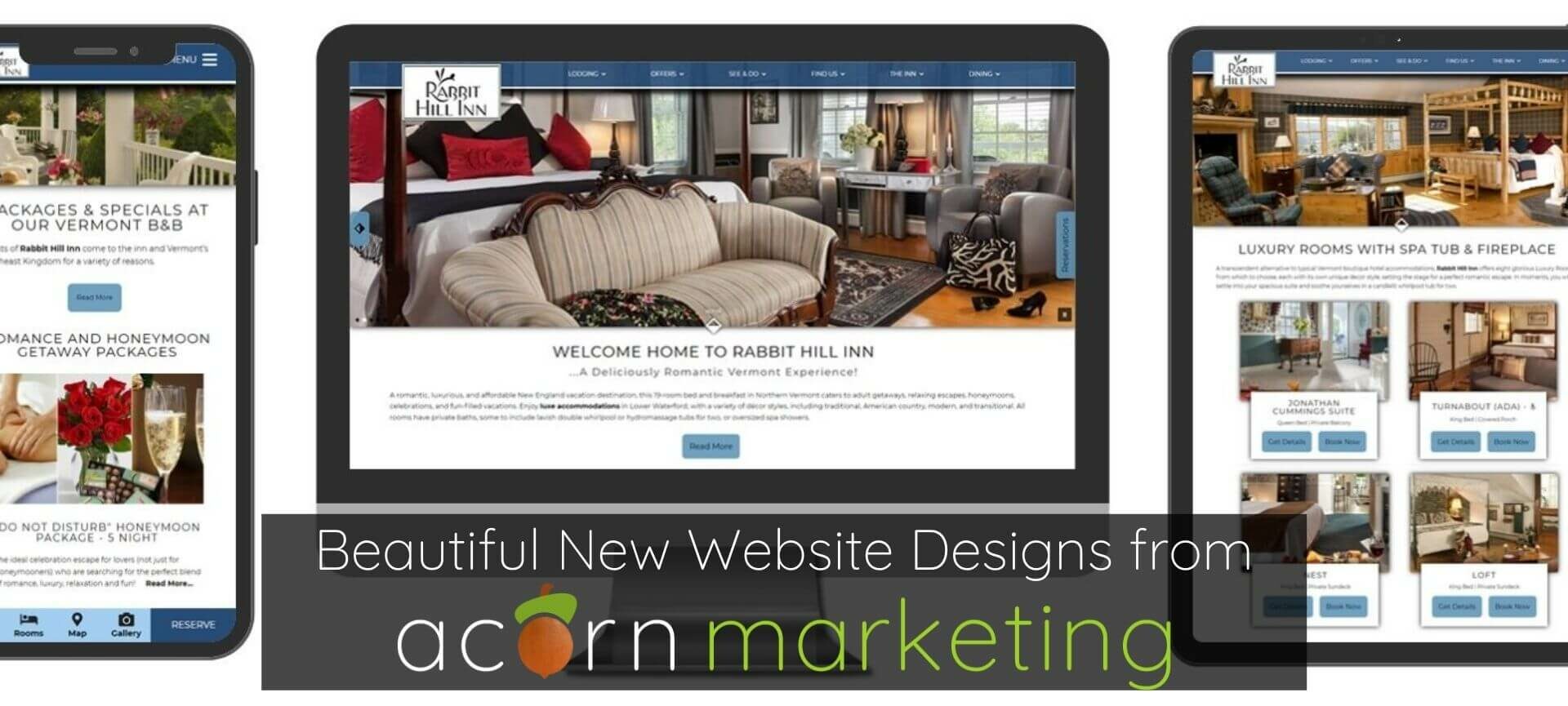 Website displayed on mobile, desktop and tablet, with text: Beautiful New Website Designs from Acorn Marketing