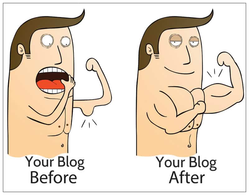 Before and after cartoon of a brown haired man with no muscles and with muscles