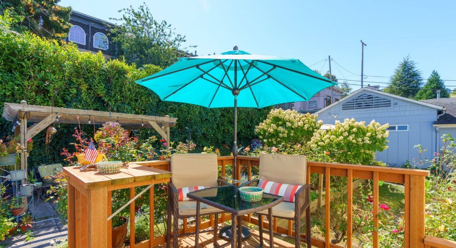 	Aqua patio umbrella over wooden patio set on a sunny day