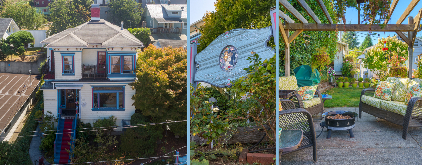Collage of Images from Exterior, Sign amd back patio of Clementine's Bed and Breakfast in Oregon