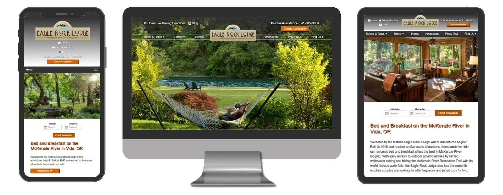Eagle Rock Lodge website displayed in 3 sizes - mobile, template and desktop