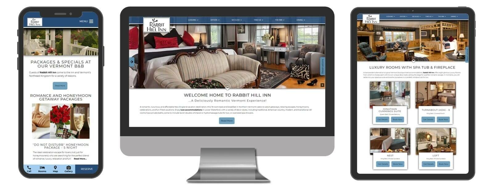 Rabbit Hill Inn website displayed in 3 sizes - mobile, template and desktop