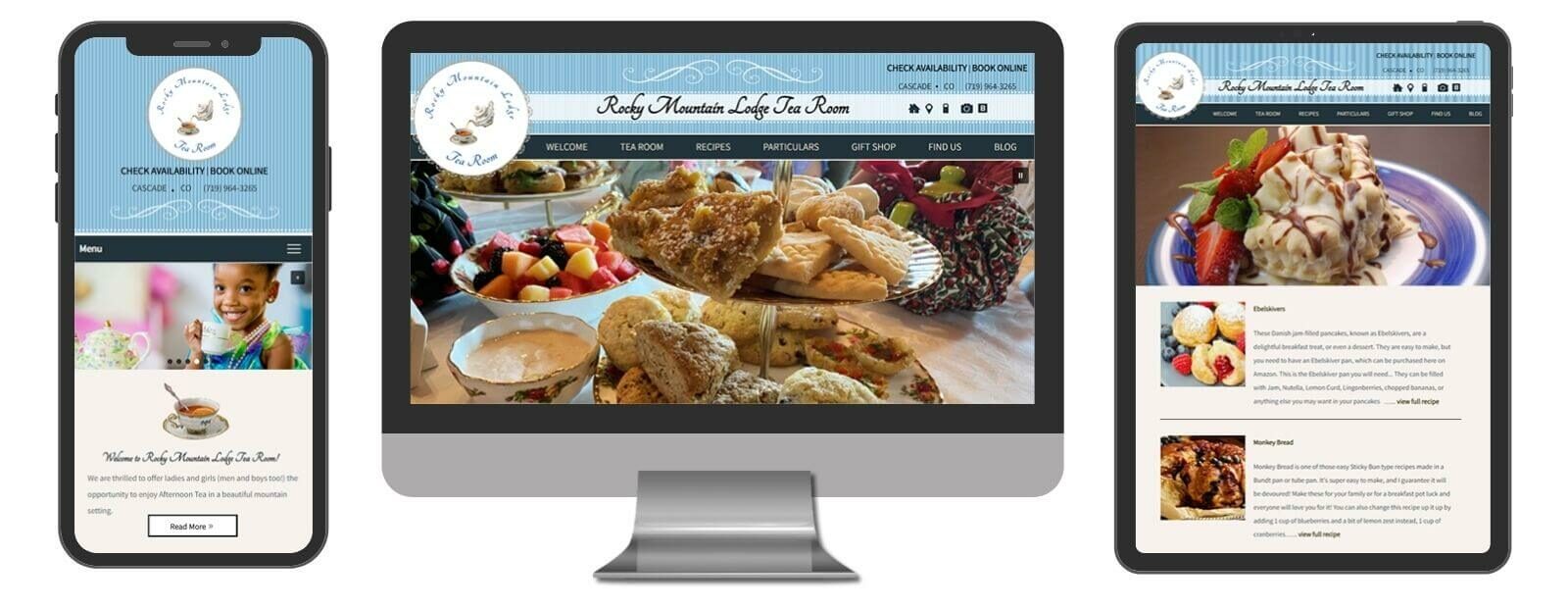 Rocky Mountain Lodge Tea Room website displayed in 3 sizes - mobile, template and desktop