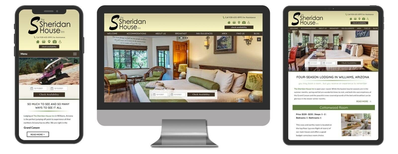 The Sheridan House Inn website displayed in 3 sizes - mobile, template and desktop