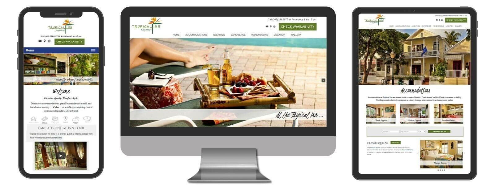 Tropical Inn website displayed in 3 sizes - mobile, template and desktop