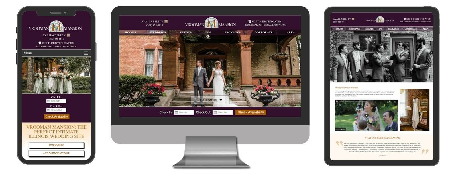 Vrooman Mansion website displayed in 3 sizes - mobile, template and desktop