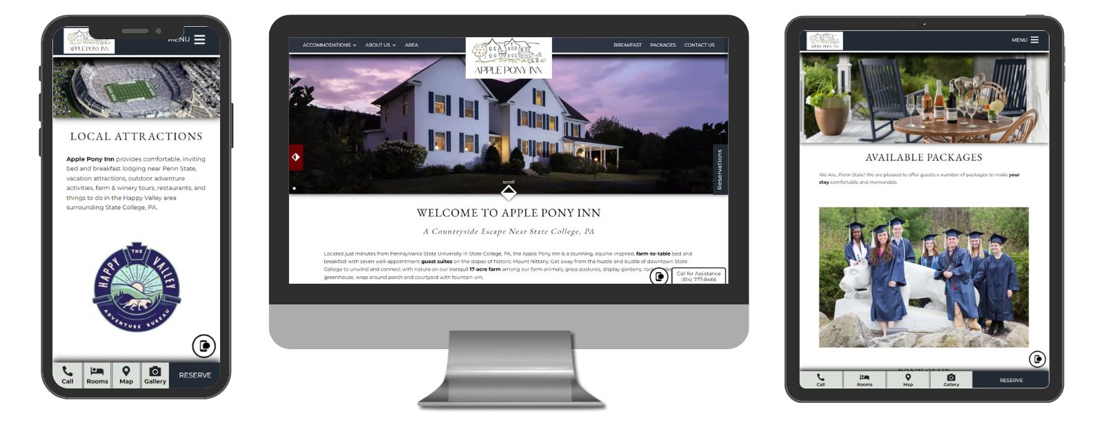 Screenshot of Desktop, Mobile and tablet views of the website for Apple Pony Inn 