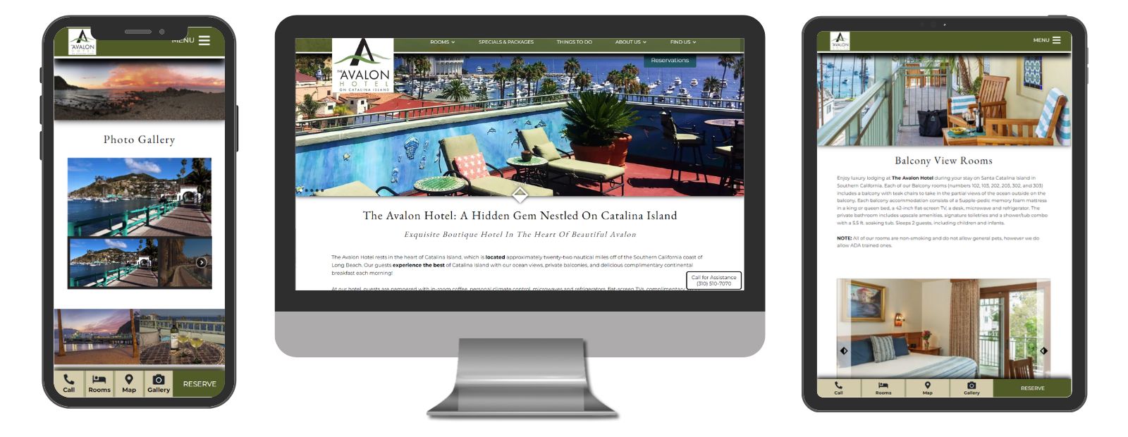 Screenshot of Desktop, Mobile and tablet views of the website for The Avalon Hotel