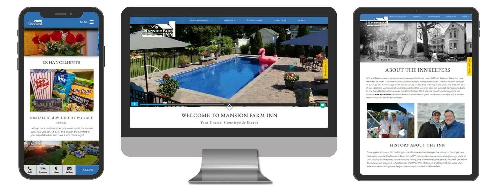 Mansion Farm Inn website displayed in 3 sizes - mobile, template and desktop