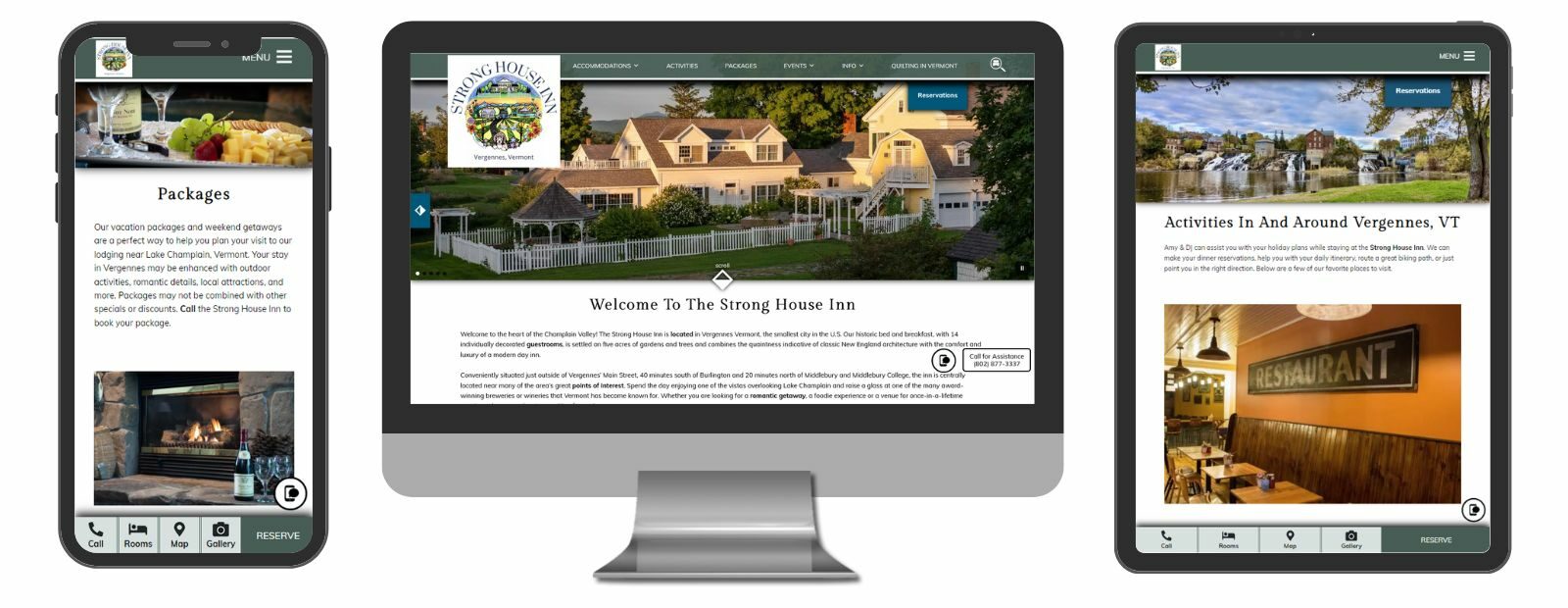 Screenshot of Desktop, Mobile and tablet views of the website for Strong House Inn