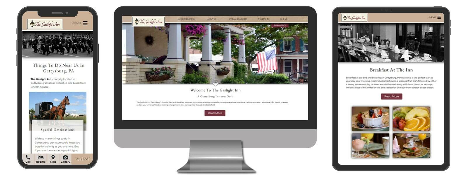 Screenshot of Desktop, Mobile and tablet views of the website for The Gaslight Inn website
