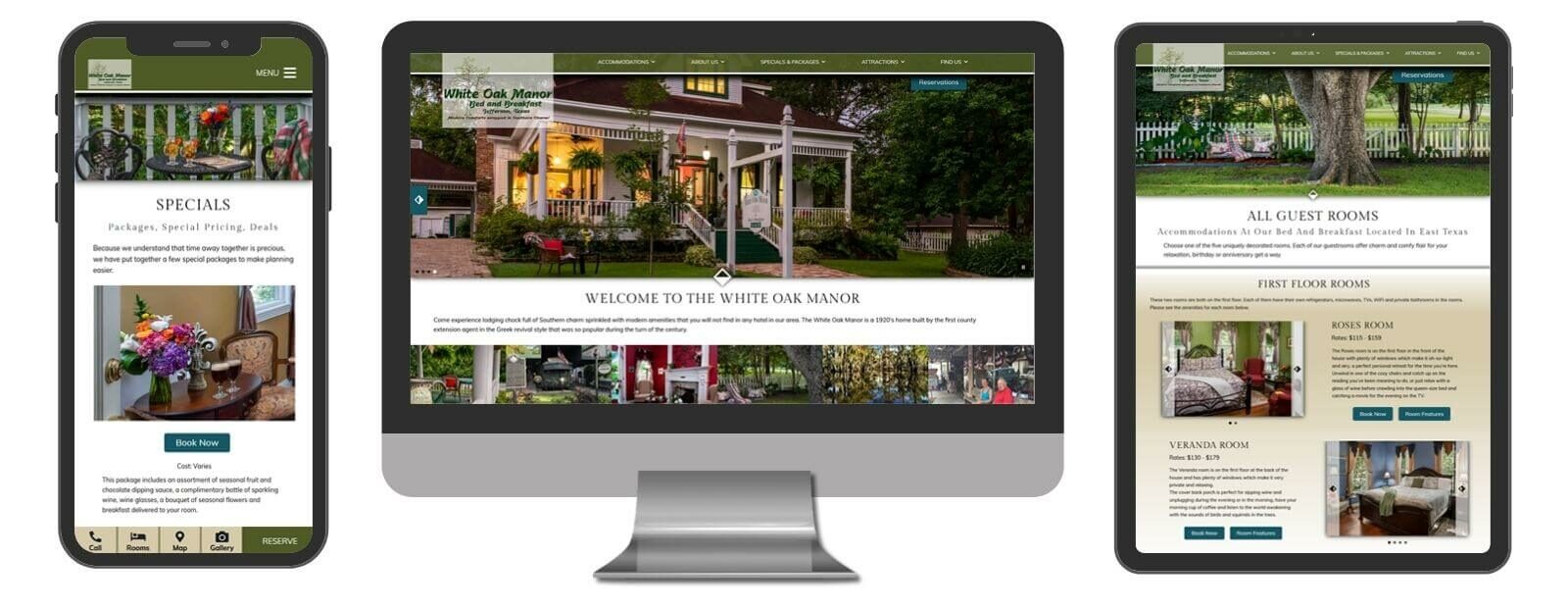 White Oak Manor Bed and Breakfast website displayed in 3 sizes - mobile, template and desktop