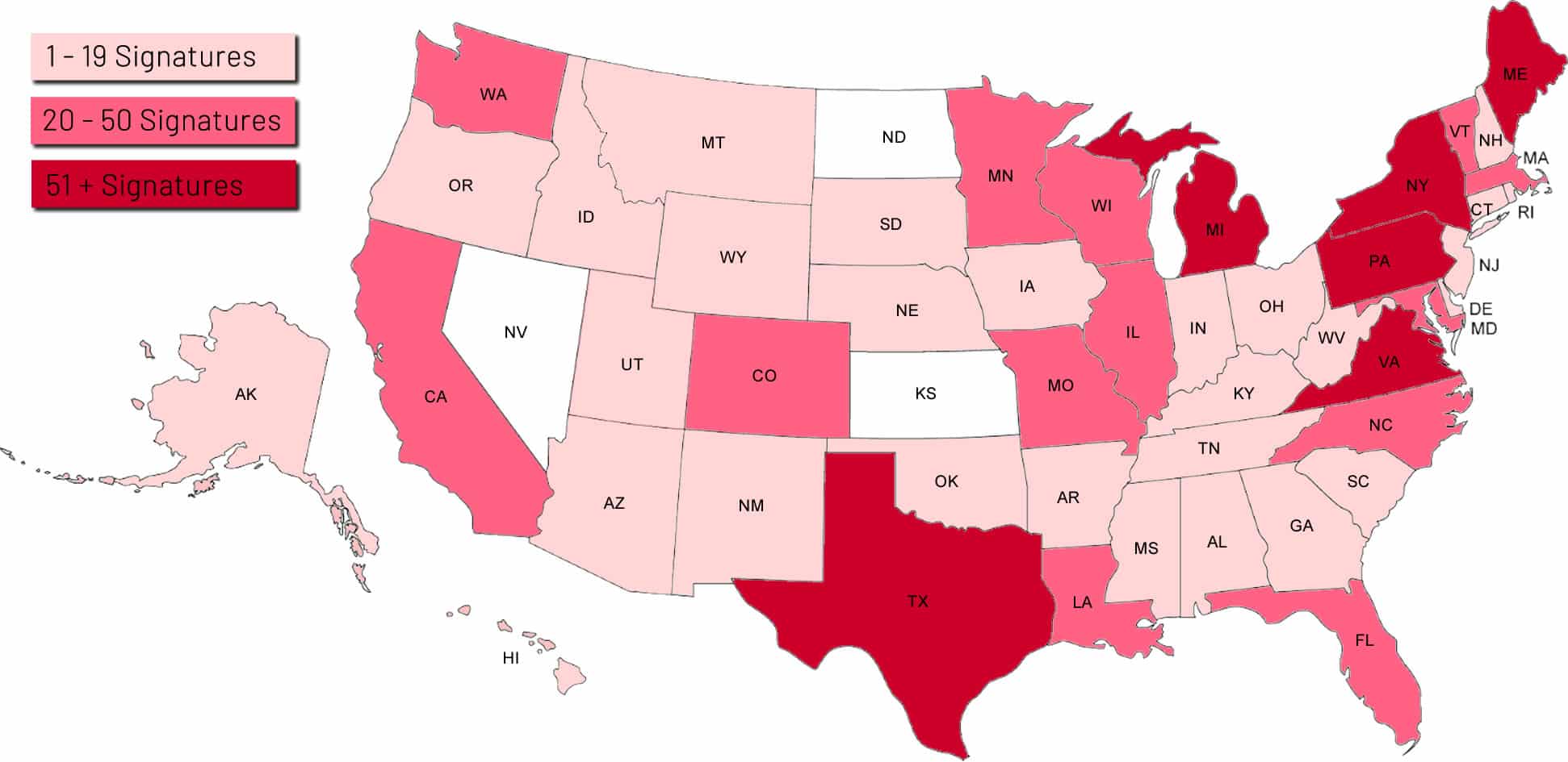 Map of States submitting signatures for Committee Hearing