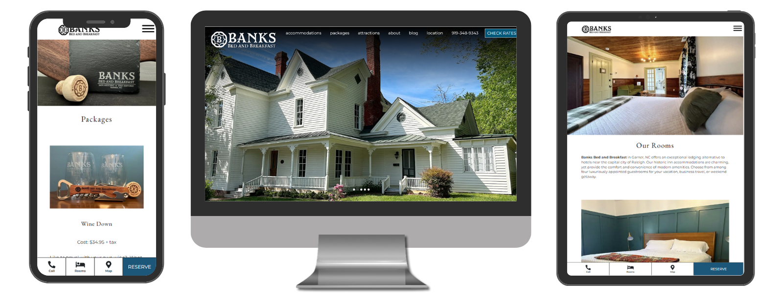 Banks Bed & Breakfast in Garner, NC. Collage of desktop, mobile and tablet views of new website.