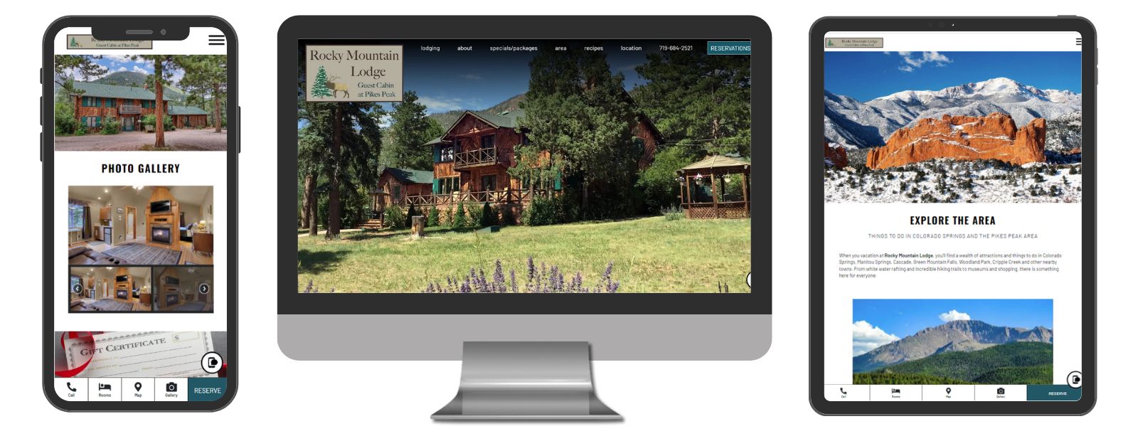 Rocky Mountain Lodge website displayed in 3 sizes - mobile, template and desktop