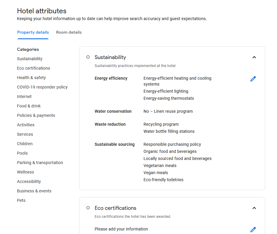 Full Hotel Attributes section on Google My Business