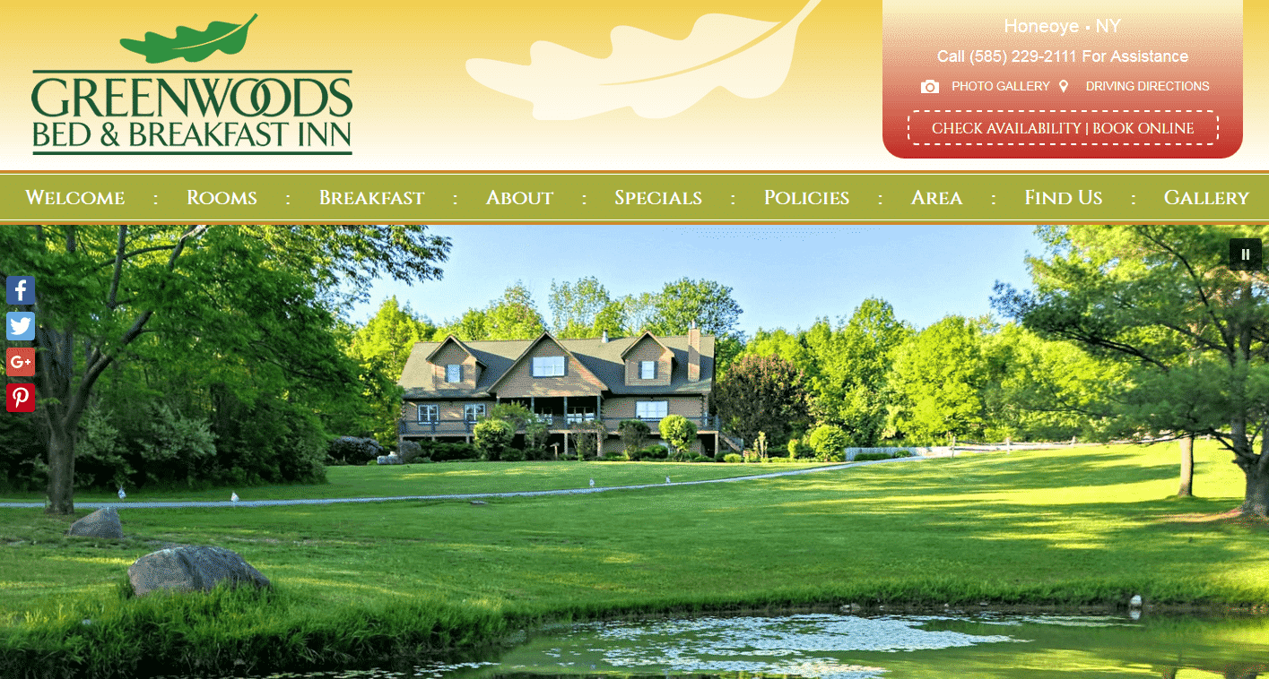 Screenshot of website for Greenwoods Bed and Breakfast Inn 