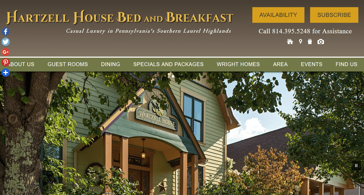 Home Page of Hartzell House Bed & Breakfast website