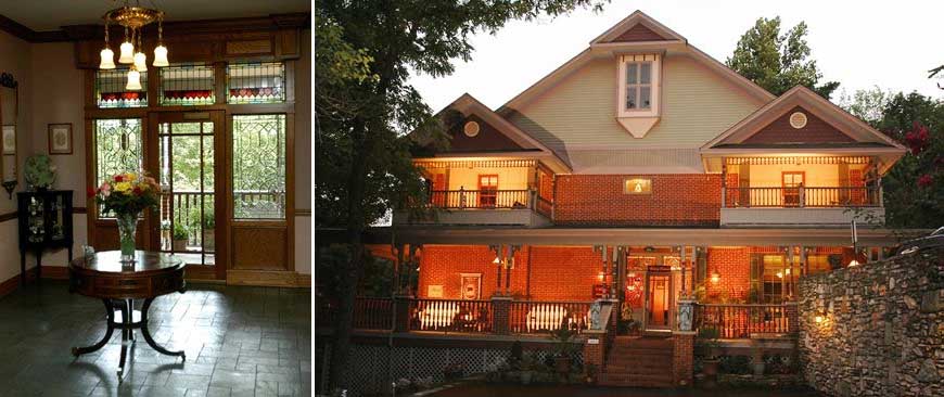 Split image. Left - Entry way with door in background. Right side - Exterior of buildng with lights.