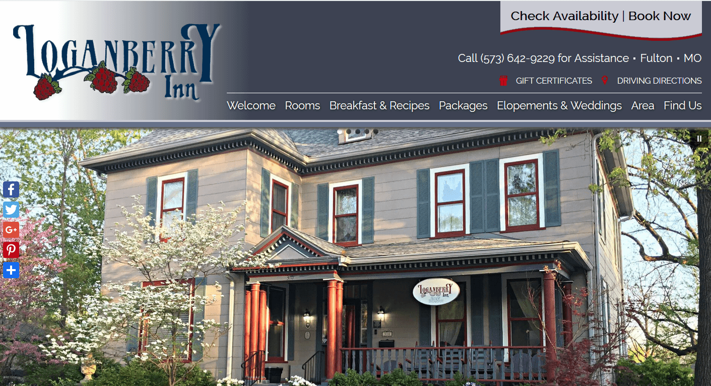 bed and breakfast website Loganberry Inn home page screenshot